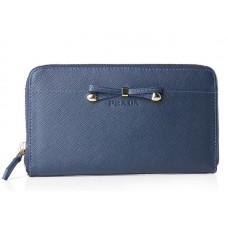 Prada Saffiano Zippy Pénztárca Masni Díszítéssel Sötétkék