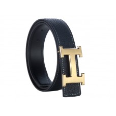 Hermès Togo széles bőr öv arany H csattal, fekete