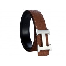 Hermès Togo bőr öv ezüst H csattal, barna