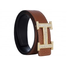 Hermès Togo bőr öv, arany H csattal, barna gyémánt foglalattal.