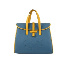 Hermès 08c Zárható Táska Kék Sárga Bőr Kárpittal