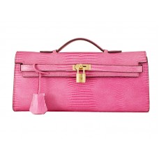 Hermes Kelly Pochette Longue Gyík Bőr Táska Rózsaszín