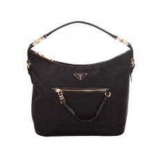 Prada Tessuto Nylon Bőr Kárpitozású Hobo Táska Fekete