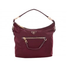 Prada Tessuto Nylon Bőr Kárpitozású Hobatáska Burgundi Színű