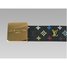 Louis Vuitton szabású fekete többszínű öv arany csattal